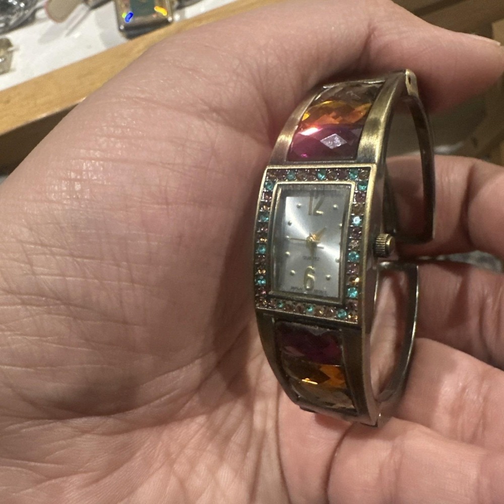 Working Vtg Jeweltone Crystal Panel Cuff Watch Quartz New Battery 18mm Fit 6.5"